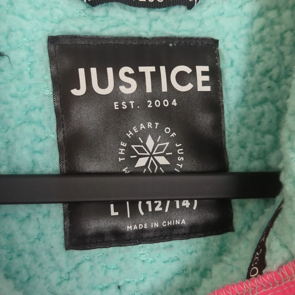 Justice‎ Fleece Blue Gray Full Zip Hooded Sweater Jacket Size L 12/14